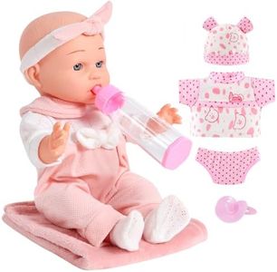 LETOUR 12'' Baby Doll for Toddlers 1-3:Baby Dolls in Gift Box with Pink Cloths，and Pink Bear Cloths, Pacifier, 13''X13'' Microfabric Blanket, and Feeding Bottle. Gift Idea for Ages 3+