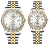 LONGBO Harmony Analogue Couple Watch Set - Elegant Dual Tone Band Rhinestone Studded Case, Stainless Steel Band | Marriage Gift Set for Men and Women (Silver-Gold-Silver)