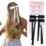 6Pcs Hair Bow Ribbon for Women Girls Teens Black White Pink Hair Clips Satin Bowknot Barrettes Cute Tassel Ribbon Bow Hair Clips with Long Tail Aesthetic Ponytail Holder Toddlers Hair Accessories