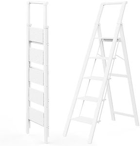 WOA WOA 5 Step Ladder, Lightweight Portable 5 Step Folding Ladder with Safety Handgrip, Kitchen Step Stool with Wide Anti-Slip Pedal, Capacity 300 Lbs - White