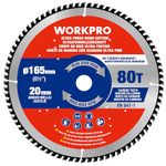 WORKPRO Circular Saw Blade 165 mm x 20 mm x 80T, Fine Finish TCT Blade for Circular Saw, Precision Cutting for MDF, Plywood & Laminate