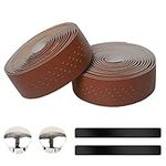 ESUPPORT 2Pcs Brown Bicycle Handlebar Tape Cycling Road Bike Handlebar Wrap Tape Leather Handle Bar Grip Wrap Tapes Comfort Non Slip Breathable Bar End Plug