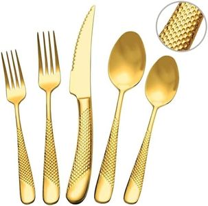 SHEUMNT 20 Piece Hammered Gold Silverware Set, 18/10 Stainless Steel Flatware Set, Modern Golden Kitchen Utensil Set Service for 4, Tableware Set, Cutlery Set Including Fork Spoon and Knife