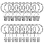 Lansian 20pcs Rustproof Drapery Matte Stainless Steel Metal Curtain Rings with Clips,Tension Curtain Hangers Clips, Decorative Curtain Rod Window, Matte Silver (1" Interior Diameter)