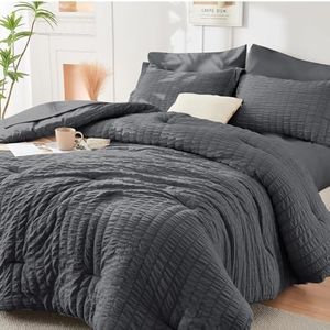 HYMOKEGE Queen Comforter Set Seersucker 7 Pieces, All Season Luxury Bed in a Bag for Bedroom, Bedding Set with Comforters, Sheets, Pillowcases & Shams, Dark Grey