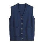 Women Sleeveless Jumper Knitted Tank Tops Sweater Vest Pockets V Neck Button Cardigan Plain Colour Waistcoat Cable Knit Jumper Women Blue