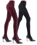 2 Pairs Ultra Opaque Tights for Women - 80D Microfiber Control Top Pantyhose (Black & Burgandy, XL)