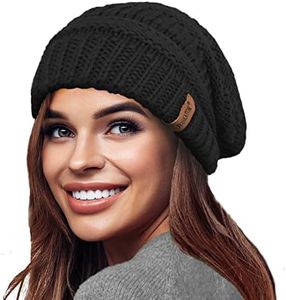 TOSKATOK Ladies Warm Slouch Knit Winter Beanie Hat with Supersoft Velour Thermal Lining ski Cap-Black