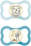 MAM Air Night Soothers 16+ Months (Pack of 2), Glow in The Dark Baby Soothers with Self Sterilising Travel Case, Newborn Essentials, Blue, (Designs May Vary)