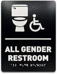 All Gender Restroom ID Sign - Toilet Icon, Wheelchair Accessible, ADA Compliant Bathroom Sign, Raised Icons, Raised Braille, Brushed Black, TCO Inspection Certified, Install Ready (6"W x 8"H)