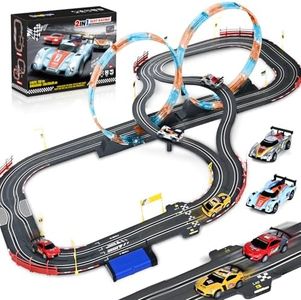 Slot Car Race Track Sets with 4 Slot Cars, 2 in 1 Electric Race Cars Track ,Battery or Electric Car Tracks,Dual Racing Game Lap Counter Circular Overpass Track, Gift Toy for Boys Kids Ages 6 7 8-12