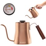 Navaris 33.8 oz (1 fl L) Gooseneck Kettle for Stove Top Burners - Stainless Steel Kettle with Pour Over Spout for Coffee or Water - with Thermometer - Copper