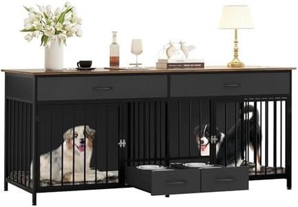 DWVO Double Dog Crate TV Stand with Dog Feeder, 74.8" Wooden Large Dog Kennel with Storage, Double Dog Crate Furniture for 2 Small Medium Dogs, Black