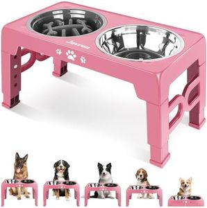 Jovrun Elevated Dog Bowls for Medium Large Size Dogs, Non-Slip Dog Feeder with 1*Stainless Steel Dishes & 1*Slow Feeder Bowl, 5 Heights Adjustable Raised Bowls to 3.15″-8.66″-9.84″-11.02″-12.2″