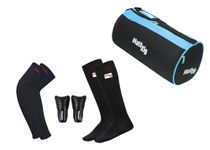 MattZig® Club Football Kit (One Pair of Knee Length Lycra Cotton Socks + One Pair of Shin Guard + One Pair of Cotton Arm Sleeves + One Kit Bag) (Black Blue)