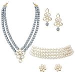 Peora Gold Plated Crystal Pearl Long Necklace with Drop Earrings Traditional Ethnic Jewellery Set for Women Girls | Dark Grey & White