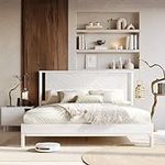 Bme Vivian 14 Inch Deluxe Bed Frame with Headboard, Rustic & Scandinavian Style with Solid Acacia Wood, No Box Spring Needed, 12 Strong Wood Slat Support, Easy Assembly, King, Rustic White
