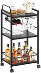 Bar Cart for The Home, 3 Tier Kitchen Carts with Wheels, Small Rolling Cart with Glass Holders, Wine Rack, Mini Bar Cart for Kitchen, Dining Room, Living Room, 13.0" D x 17.0" W x 33.8" H, Black