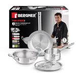 Bergner Tripro Triply Stainless Steel 4 Pc Cookware Set, 24 cm Indian Wok/Kadai with Lid, 22 cm Frypan, 16 cm Tea Pan, Even and Fast Heating, Induction Bottom, Gas Ready, Silver