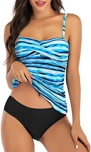 Shuangyu Women Bandeau Tankini Swimsuit Front Twist Bikini Top Swimwear Ruched High Waisted Bottom Tummy Control Bathing Suits Color Blue Stripes XXL