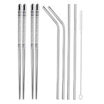 Chewing, Decorative, Training, Eating, Cooking Stainless Steel Chinese, Korean, Japanese, Vietnamese Chopstick 2 Pairs Steel Chopsticks, 2 Straight Straws, 2 Bent Straws, 1 Cleaning Brush