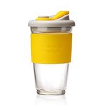 MOCHIC CUP Reusable Coffee Cup Glass Travel Mug with Lid and Non-Slip Sleeve Dishwasher and Microwave Safe Portable Durable Drinking Tumbler BPA Free (Yellow, 16oz/454ml)