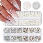 4 Boxes Nail Charms for Nail Art Rhinestones Flatback Pearls Chrome Nail Powder,KQueenest Glitter Nail Accessories for Acrylic Nails,Crystal Nail Gems with Half Round Design for DIY Manicure Crafts