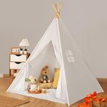 Wilwolfer Kids Teepee Tents Indoor: Toddler Tipi Play Tents Cotton Large with Padded Mat Colourful Flags and Storage Bag Foldable Off-White Playhouse Toys House for Grils Boys Birthday Gift