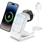 3 in 1 Wireless Charging Station, Fast Charger Stand Compatible for iPhone/Apple Watch/Airpods, 5000mAh Mag-Safe Portable Battery Pack USB C Power Bank for 14 13 12 Series, 20W Charger Adapter (White)