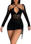 SHENHE Women's Sexy 2 Piece Outfits Mesh Long Sleeve Sheer Halter Bodysuit and Mini Skirt Set Black Large