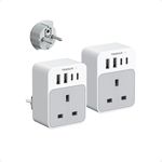 TESSAN UK to European Plug Adapter 2 Pack, Grounded Travel Plugs UK to EU with 4 USB Ports (2 USB C), Travel Adapter UK to Europe, Euro France Spain Germany Turkey Greece Portugal Egypt (Type E F)