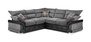 Honeypot Sofa - Logan Corner Sofa Couch - Black/Grey Jumbo Cord & Faux Leather Upholstered Large Corner Sofa for Living Room | Setup Included | Made in EU | Built to Last | (Large Corner)