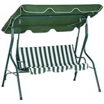 Outsunny 3 Seater Canopy Swing Chair Outdoor Garden Bench with Adjustable Canopy and Metal Frame - Green Stripes