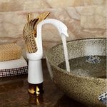 B Backline Brass Swan Shape Bathroom Sink Wash Basin Mixer Tap Single Handle Hot & Cold Waterfall Lavatory Sink Faucet for Living Room & Bathroom (White Gold Tap Long)