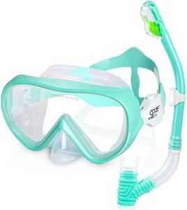 Kids Snorkel Set Anti-Fog Snorkel Swim Mask, Tempered Glass Child Scuba Diving Mask Anti-Leak Dry Top Snorkel Professional Kids Snorkel Gear for Snorkeling, Diving, Swimming (T-Aqua Set)