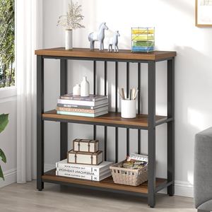 FOLUBAN Bookshelf, Small Modern 3 Tier Bookcase, Wood and Metal Standing Storage Book Shelves for Living Room, Office, Bedroom (Rustic Walnut)