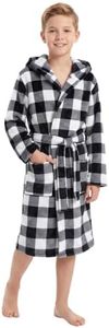 V.&GRIN Boys Fleece Robe Hooded, Soft Plush Kids Bathrobe with Print Pattern(Black Plaid9-10)