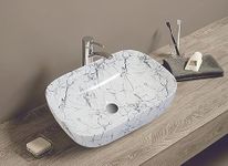 KEATON Ceramic Designer Tabletop Vessel Sink Counter Top Wash Basin For Bathroom | Over Counter Wash Basin For Luxurious Living Room, Restaurants, Washroom (18 x 13 x 5.5 Inch) (White N Black Stripe)