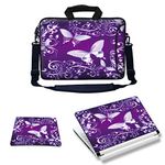 Meffort Inc Laptop Bundle - Includes Neoprene Laptop Bag with Side Pocket Adjust Shoulder Strap with Matching Skin Sticker Decal & Mouse Pad (17.3 Inch, Purple Butterflies)