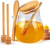 Glass Honey Dispenser No Drip with Spoon, 12 Oz Honey Jar with Lid and 3 Extra Dippers, Clear Glass Honey Container, Honey Pot for Store Honey and Syrup, Honey Holder for Home Kitchen, Thank You Gift