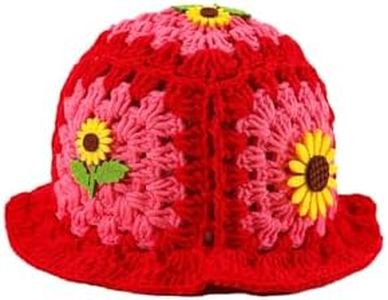 Verdusa Women's Floral Applique Crochet Bucket Hats Knit Caps Red One-Size