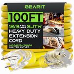 GEARit Outdoor 12 AWG Gauge 3 Prong Plug, Extension Cord, Triple Outlet Ultra Heavy Duty SJEOW, 12/3, for Indoor/Outdoor, LED Lighted Plug, Resistant Rubber Jacket, Extreme Weather, 100 Feet, Yellow