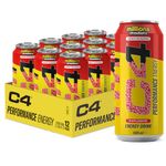 C4 Performance Energy Drinks Millions Strawberry 500ml (12 Pack) | Sugar Free Energy Drink with 160mg Caffeine, 250mg Betaine, 1050mg Taurine | Low Calorie Fizzy Drinks for On The Go Energy and Focus