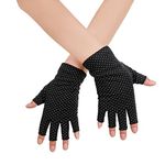 JISEN Women Sunscreen Fingerless Gloves UV Protection Driving Fishing Cotton Mittens Dots Black