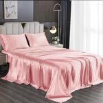 UDEAL Queen Sheet Set Satin Sheets and Pillowcase Sets Silky Soft Cooling Bed Sheets Set Deep Pocket Luxury Breathable Sheet, Wrinkle, Fade, Stain Resistant 90 GSM (4 Piece, Pink)