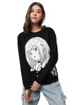 THE DRY STATE Womens Loose fit Full Sleeve Round Neck Black Color Sweatshirt with Quirky Anime Graphic at Front