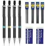 4Pcs Mechanical Pencil Set 0.3 0.5 0.7 0.9mm HB Mechanical Pencil Automatic Pencil Lead Pencil Architecture Propelling Pencil with Rubber Pencil Lead Refill for Artist School Drawing Writing Sketching