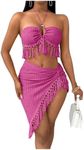 SHENHE Women's Fringe 2 Piece Vacation Outfits Halter Crop Top and Twisted Slit Skirt Set Hot Pink X-Large