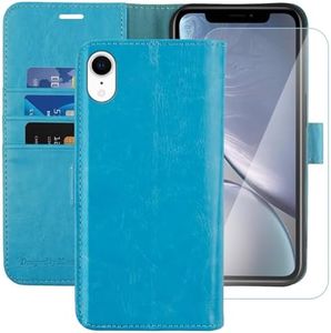 MONASAY Wallet Case Compatible for iPhone XR, 6.1-inch, [Glass Screen Protector Included] [RFID Blocking] Flip Folio Leather Cell Phone Cover with Credit Card Holder, Light Blue