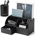Vlando Desk Organiser with Drawer, Pen Holder, PU Leather Office Stationery Desk Tidy Organiser, Multifunctional Desktop Pen Organiser,Remote Control Holder, Black